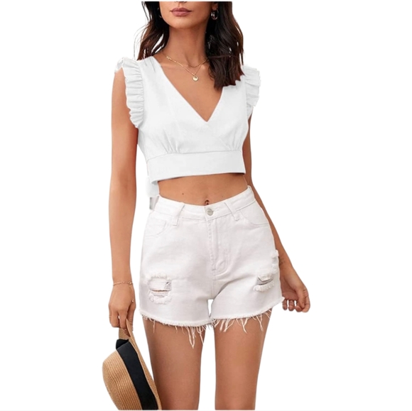 NWOT Women's ruffle v-neck sleeveless tie back crop top, XS, White - Picture 4 of 10